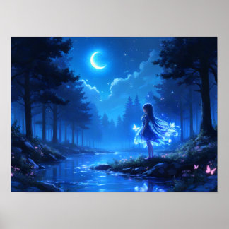 Moonlit Girl im verzauberten Wald Poster