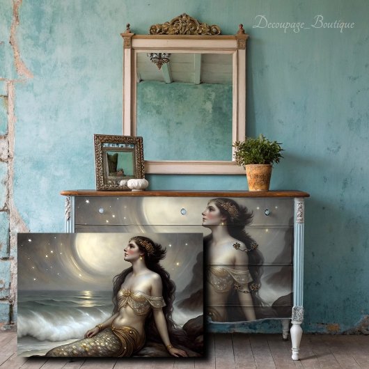 Moonlit Gold Mermaid Fantasy Decoupage Seidenpapier