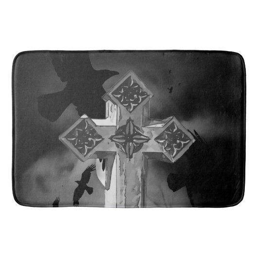 Moonlit GraveYard Gothic Cross mit Krähen Badematte (Vorderseite)