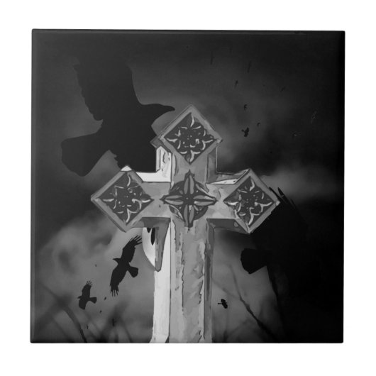Moonlit GraveYard Gothic Cross mit Krähen Fliese (Vorderseite)