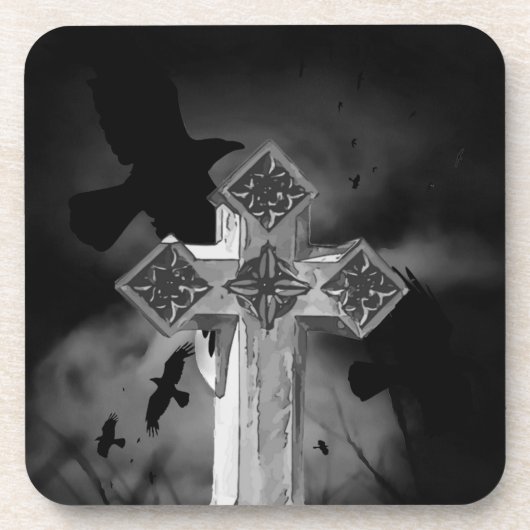 Moonlit GraveYard Gothic Cross mit Krähen Getränkeuntersetzer (Vorderseite)