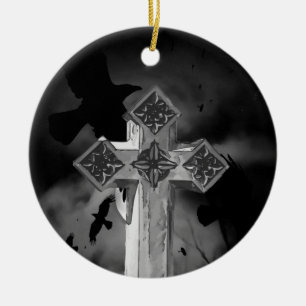 Moonlit GraveYard Gothic Cross mit Krähen Keramik Ornament