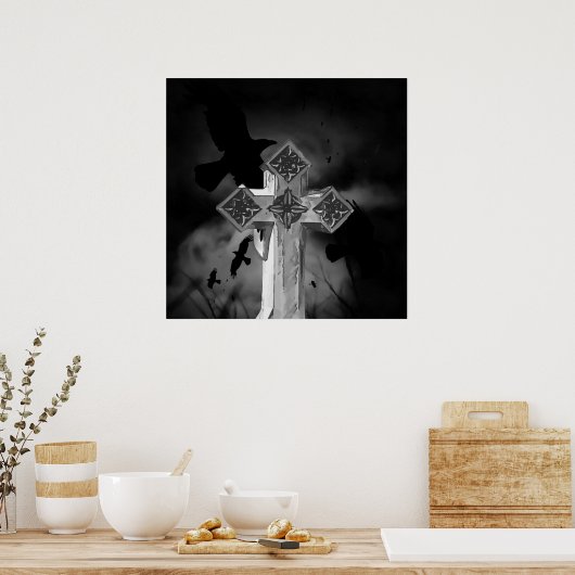 Moonlit GraveYard Gothic Cross mit Krähen Poster (Küche)