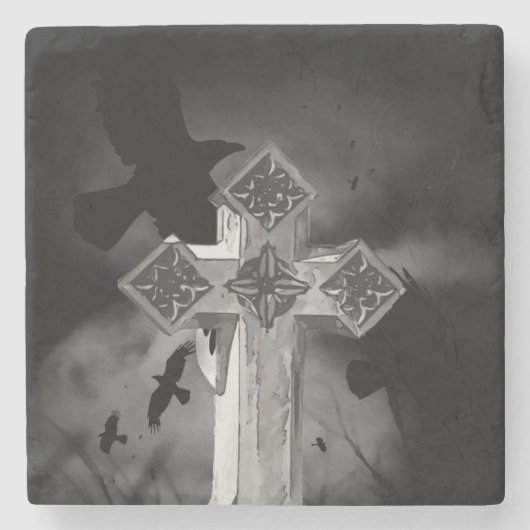 Moonlit GraveYard Gothic Cross mit Krähen Steinuntersetzer (Vorderseite)