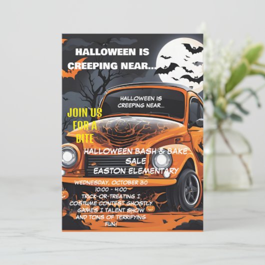 Moonlit Halloween Bash Einladung mit Orange Car (Stehend Vorderseite)