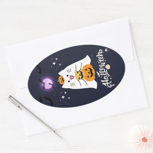 Moonlit Halloween Cat – Spooky & Sweet Night Ovaler Aufkleber (Umschlag)