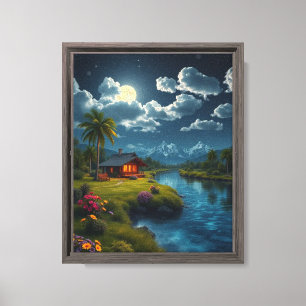 Moonlit Hütte am Fluss - Naturschutz Leinwanddruck