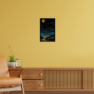 Moonlit Hütte am See - Starry Night Forest Poster