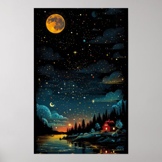 Moonlit Hütte am See - Starry Night Forest Poster (Vorne)