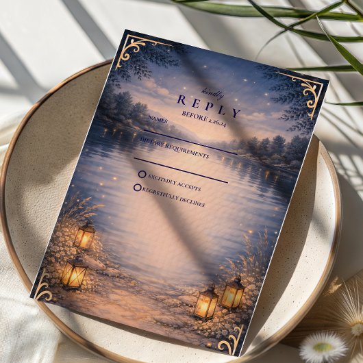 Moonlit Lake Forest Romance Wedding RSVP Karte