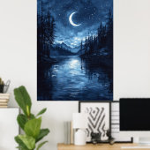 Moonlit Lake Reflection in Monochrome Blue Poster (Heimbüro)