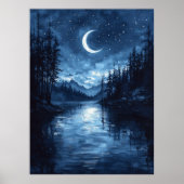 Moonlit Lake Reflection in Monochrome Blue Poster (Vorne)