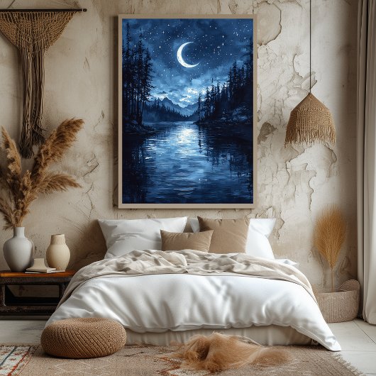 Moonlit Lake Reflection in Monochrome Blue Poster