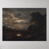 Moonlit Landschaft mit Brücke Poster (Vorne)