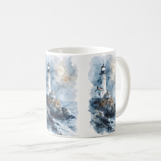 Moonlit Lighthouse an der Rocky Coastline Kaffeetasse (VorderseiteRechts)