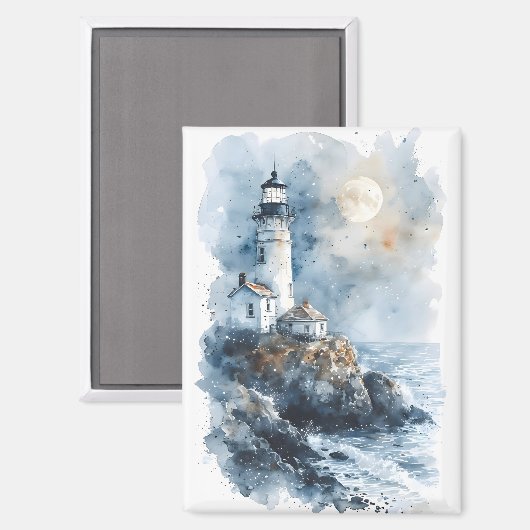 Moonlit Lighthouse an der Rocky Coastline Magnet (Vorderseite/Rückseite)