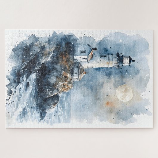 Moonlit Lighthouse an der Rocky Coastline Puzzle (Horizontal)