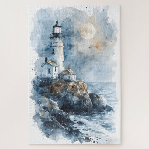 Moonlit Lighthouse an der Rocky Coastline Puzzle