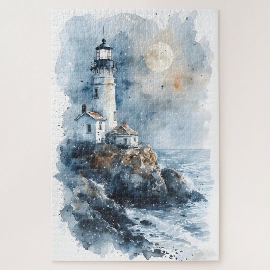 Moonlit Lighthouse an der Rocky Coastline Puzzle (Vertikal)