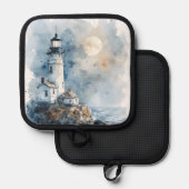 Moonlit Lighthouse an der Rocky Coastline Topflappen (Vorderseite/Rückseite)