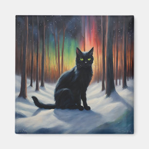 Moonlit Magic: Eine schwarze Katze im Schneewald Magnet