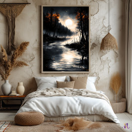Moonlit Marshland - Monochrome Nocturnal Serenity Poster