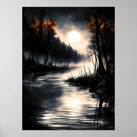 Moonlit Marshland - Monochrome Nocturnal Serenity Poster (Vorne)