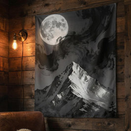 Moonlit Mountain Tapestry | Dark Ink Clouds  Wandteppich