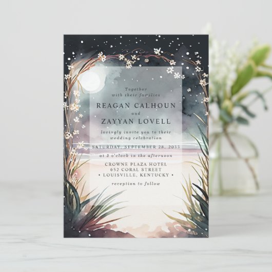 Moonlit Night Beach Szene Hochzeit Einladung (Stehend Vorderseite)