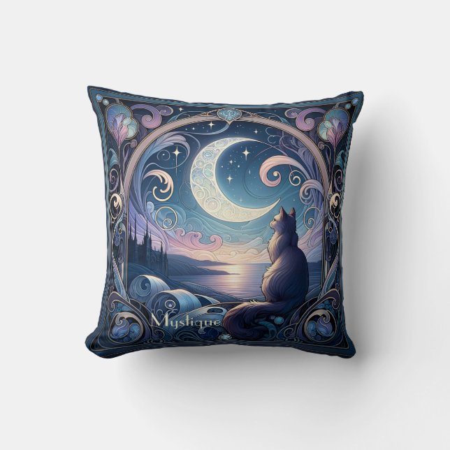 Moonlit Night Cat Fantasy Blue Art Nouveau Design Kissen (Vorderseite)