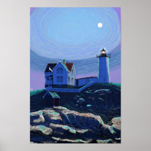Moonlit Nubble Lighthouse Poster / Print