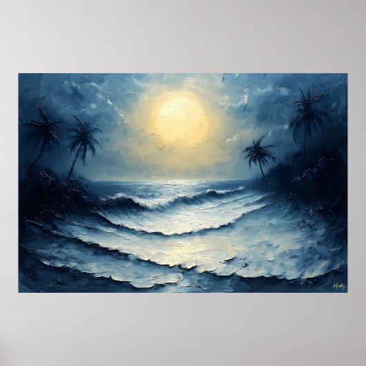 Moonlit Ocean Waves - Abstrakte Seascape mit Palme Poster (Vorne)