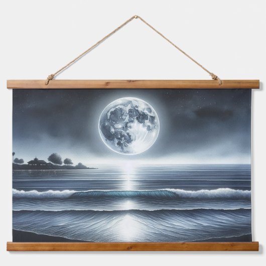 Moonlit Ocean Waves Celestis Night Sky Wandteppich Mit Holzrahmen (Vorne)