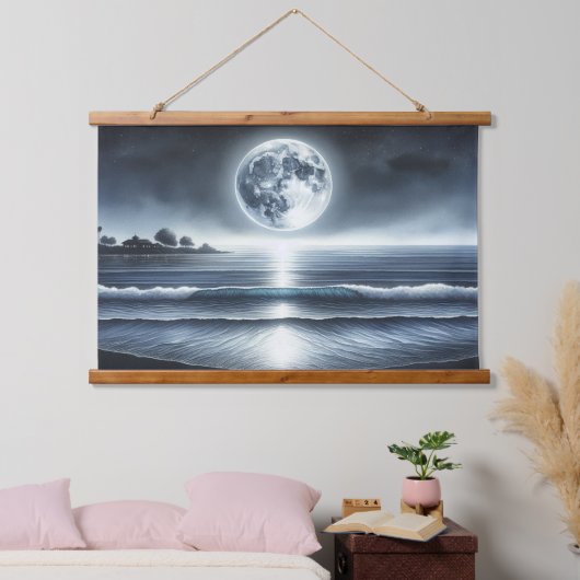 Moonlit Ocean Waves Celestis Night Sky Wandteppich Mit Holzrahmen (Schlafzimmer)