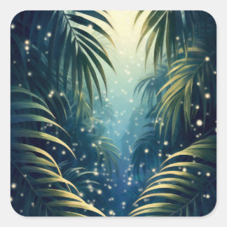 Moonlit palm leaves with fireflies, watercolor art quadratischer aufkleber