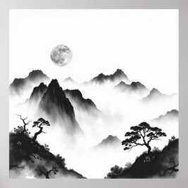 Moonlit Peaks: Vollmond und Bergkohle Kunst Poster