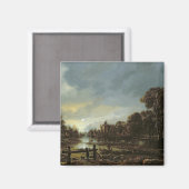 Moonlit River Landschaft mit Hütten Magnet (Vorderseite/Rückseite)