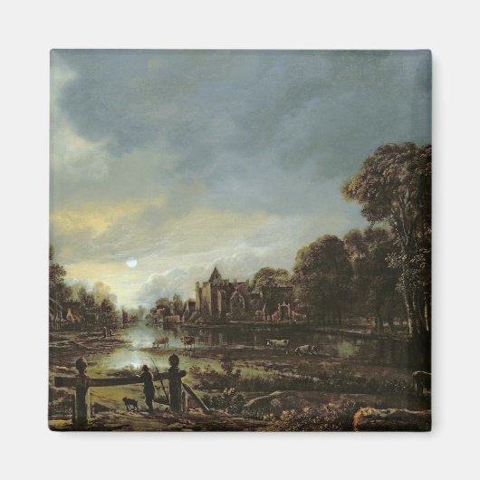 Moonlit River Landschaft mit Hütten Magnet (Vorne)