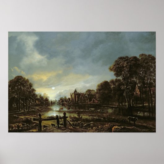 Moonlit River Landschaft mit Hütten Poster (Vorne)