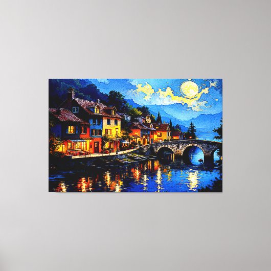 Moonlit Riverside Village Leinwanddruck (Vorderseite)