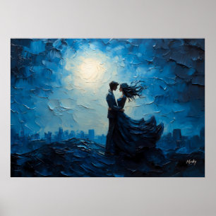 Moonlit Romance Couple Embrace Landschaftlicher Ab Poster