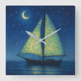 Moonlit Sailboat - Pastel Painting Style Night Art Quadratische Wanduhr