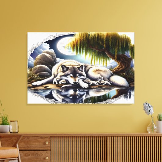 Moonlit Serenity A Slumbering Wolf 36x24 Leinwanddruck (Insitu (Wohnzimmer))