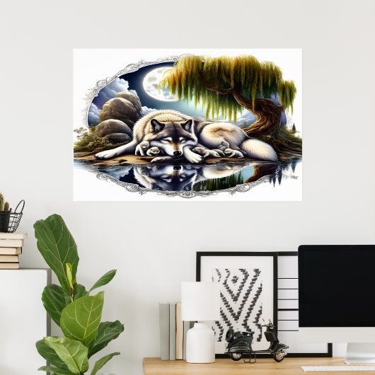 Moonlit Serenity A Slumbering Wolf 36x24 Poster (Heimbüro)