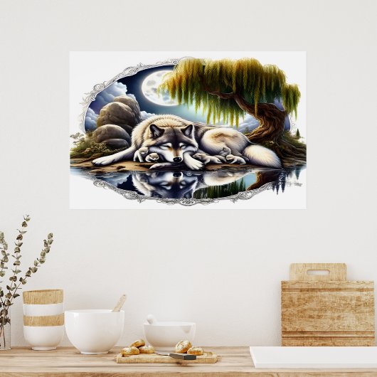 Moonlit Serenity A Slumbering Wolf 36x24 Poster (Küche)