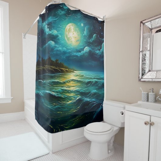 "Moonlit Serenity: Nighttime Seascape" Duschvorhang (Beispiel)