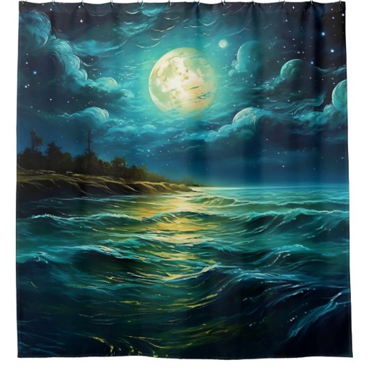 "Moonlit Serenity: Nighttime Seascape" Duschvorhang (Vorderseite)