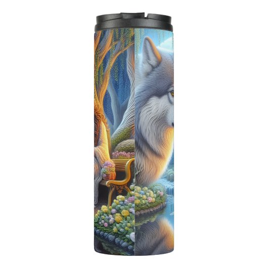 Moonlit Serenity, Woman und Wolf Pack. Thermosbecher (Rückseite)