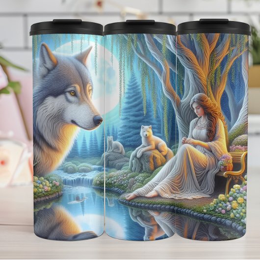 Moonlit Serenity, Woman und Wolf Pack. Thermosbecher