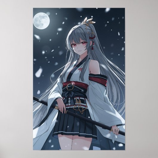 Moonlit Snow Samurai — Elegant Anime Girl Warrior Poster (Vorne)